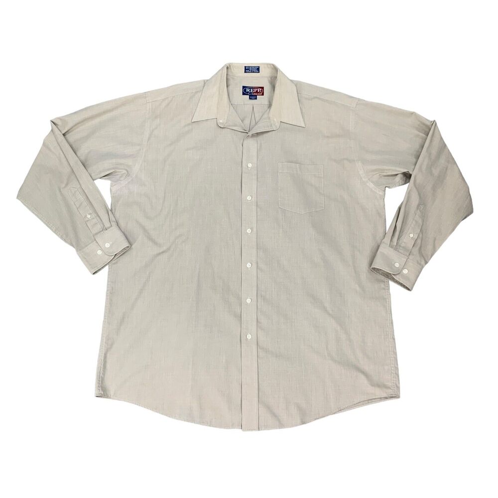 Vintage Repp Classic Shirt Mens 18 Tall Beige Long Sleeve Pocket Cotton Blend
